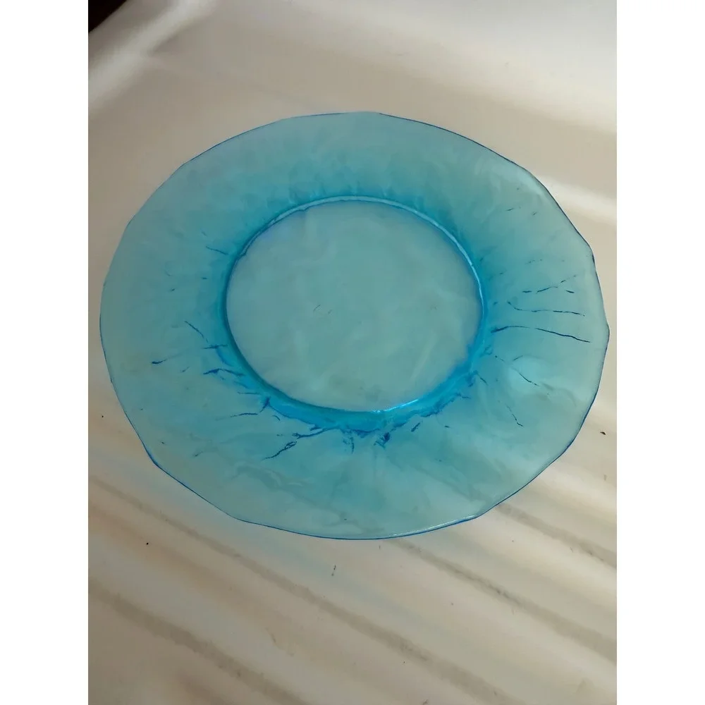 2 Vintage Aqua Blue Textured Glass Salad Dessert Plate Bark Pattern 8.25 Inch